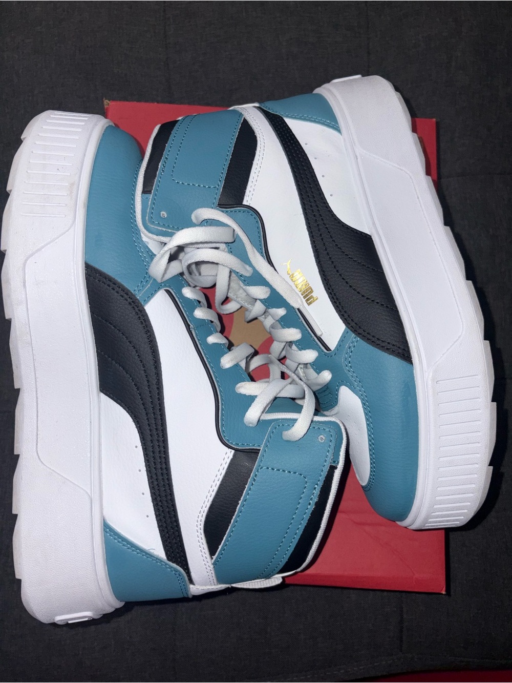 Puma Karmen Rebelle High-Top Platform Sneakers — Teal, White & Black